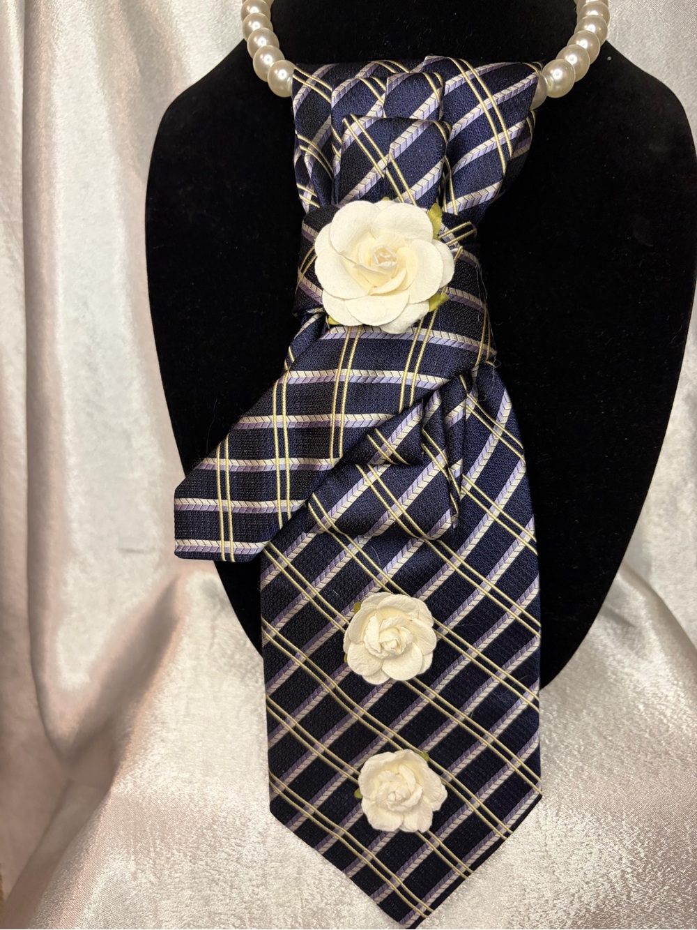 Tie - Navy Plaid Decorative Scarf Tie with Cream Floral Accents